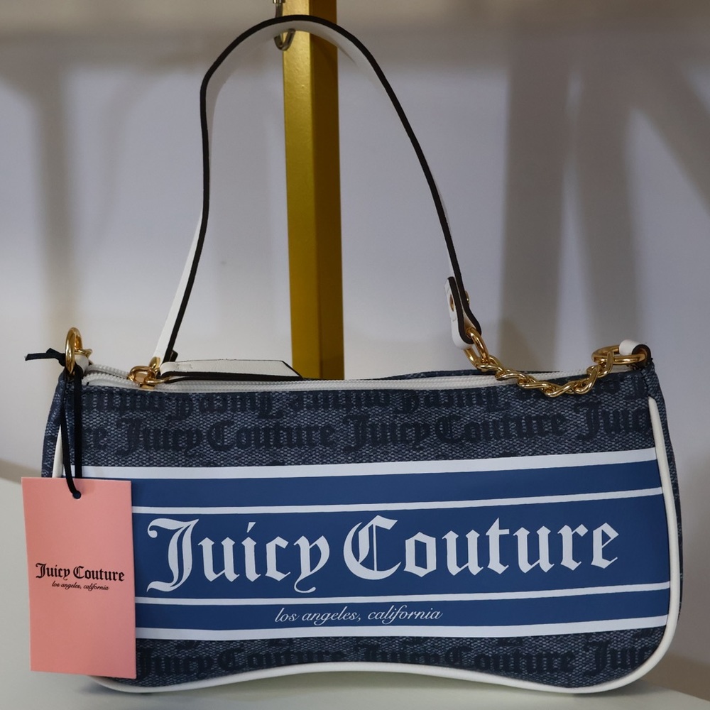 Juicy Couture Blue/White Monogrammed Gold Chain Purse NWT